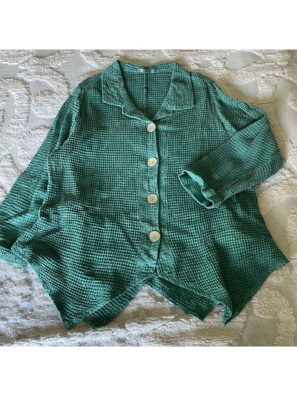 Lagenlook Jacket Shacket Green Women's 1X Soft Waffle Knit Boho Coastal Grandma